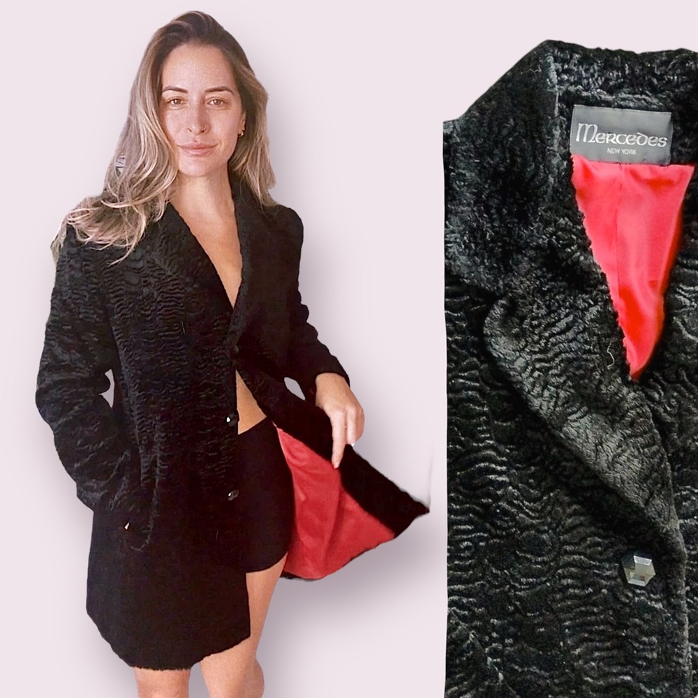Vintage Faux Fur Coat Statement Buttons Textured Black
